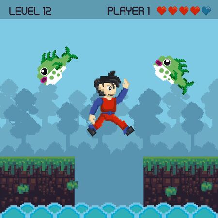 Retro videogame character playing in scenery with enemies and obstacles. ,vector illustration
