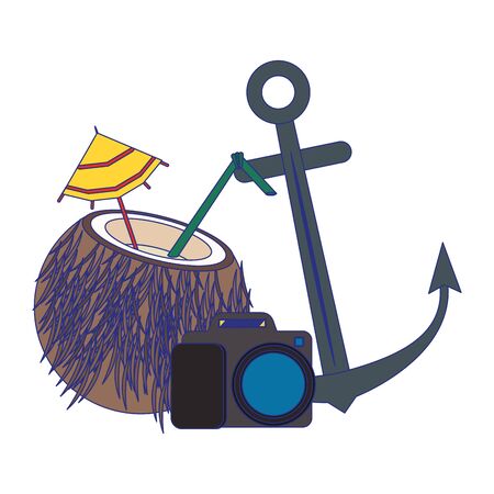 Summer and beach vacations coconut cocktail camera and anchor cartoons vector illustration graphic designのイラスト素材