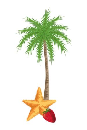 summer beach and vacation with starfish, tropical fruit and palm icon cartoon vector illustration graphic designのイラスト素材