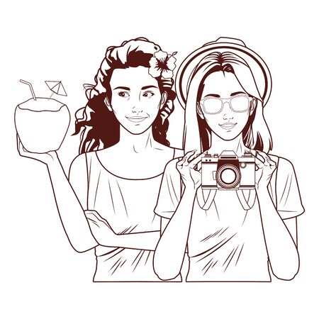 Pop art fashion women friends smiling with accesories cartoon ,vector illustration graphic design.のイラスト素材