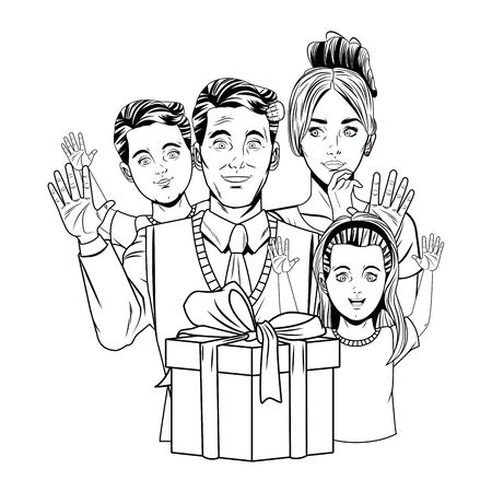 family celebrating father day avatars kid and wife with gift and hands up in black and white vector illustration graphic designのイラスト素材