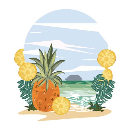 Beach and summer cartoons island with tree palms and sea vector illustration graphic design.のイラスト素材