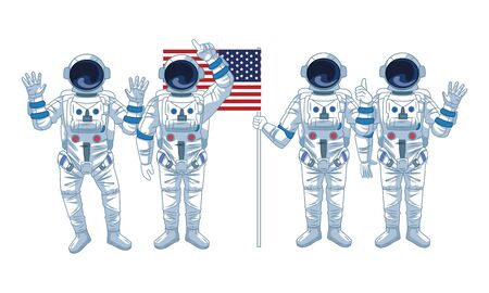 space exploration four astronaut pointing up, thumb up, saying hi and hands up with united states flag icon cartoon vector illustration graphic designのイラスト素材