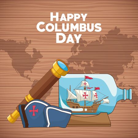 colombus columbus day card with antique navigation tools cartoons, america discovery celebration, travel and history. vector illustration graphic designのイラスト素材