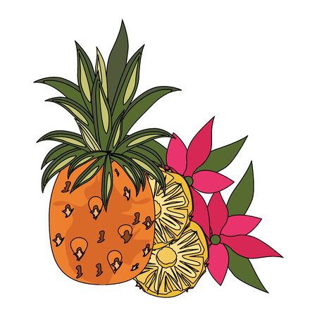 delicious fresh citrus pineapple with tropical floral decoration cartoon vector illustration graphic designのイラスト素材
