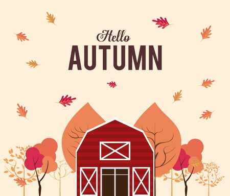 Hello autumn card with cute barn and leaves cartoons, season poster. vector illustration graphic design.のイラスト素材