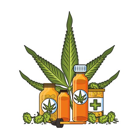 cannabis martihuana medical marijuana medicine sativa hemp oil, buds and pills bottles cartoon vector illustration graphic designのイラスト素材