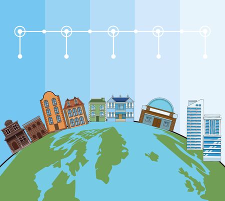 Building and architecture evolution timeline with round icons, world map background vector illustration graphic designのイラスト素材