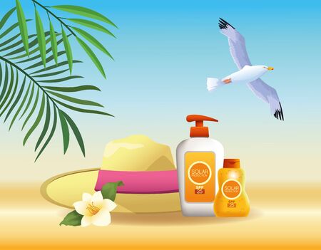 Summer and beach products, hat and sun bronzer cartoons vector illustration graphic designのイラスト素材