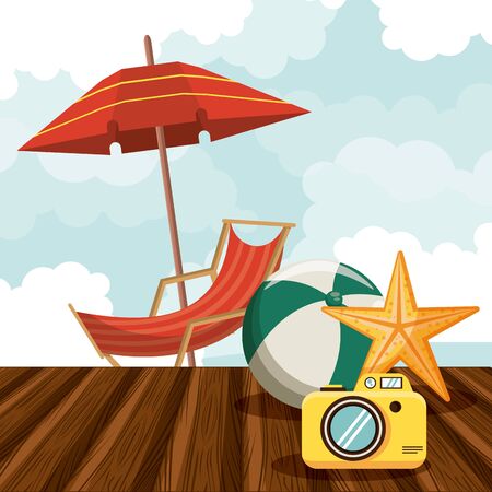 Summer vacations and beach cartoons sunchar umbrella and ball with camera and sea star vector illustration graphic designのイラスト素材