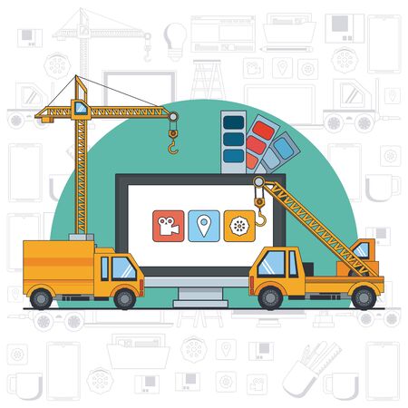 technology device maintenance support computer screen under website construction with engineer heavy tools cartoon vector illustration graphic designのイラスト素材