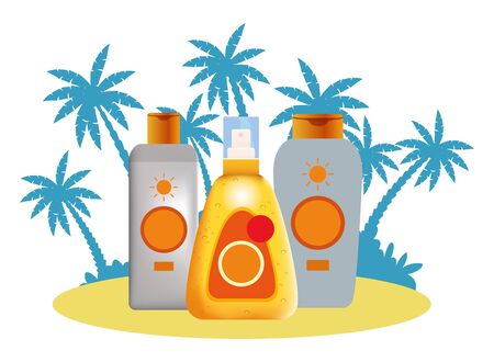 Sun bronzers bottles cosmetic products on beach scenery background with palms ,vector illustration graphic design.のイラスト素材