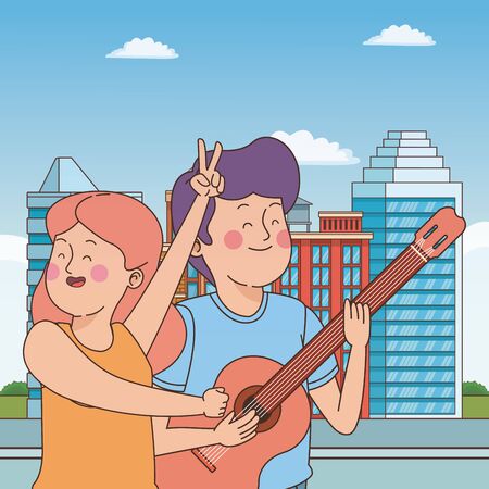 Teenagers friends playing guitar and singing cartoon in the city, urban scenery with street ,vector illustration graphic design.のイラスト素材
