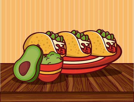 Delicious mexican food tacos and burritos with avocado and ingredients on table cartoons vector illustration graphic design.のイラスト素材