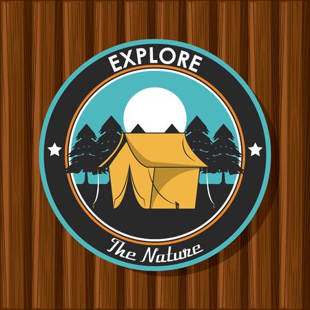Camping explore summer patch emblem tent in mountains vector illustration graphic designのイラスト素材