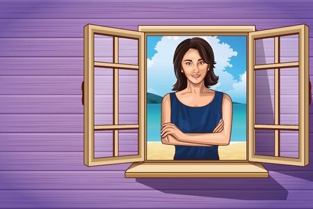 Pop art woman with arms crossed looking trought the window on wooden wall ,vector illustration.のイラスト素材