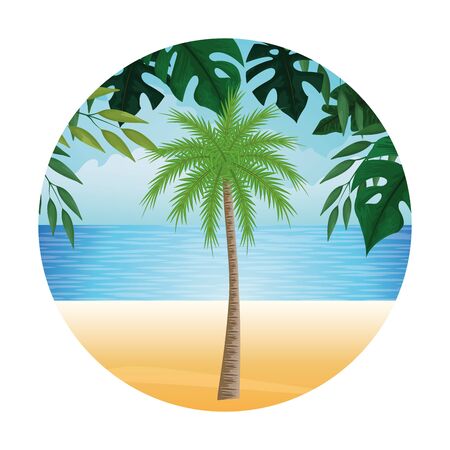summer beach and vacation with palm icon cartoon in round icon over the beach with seascape vector illustration graphic designのイラスト素材