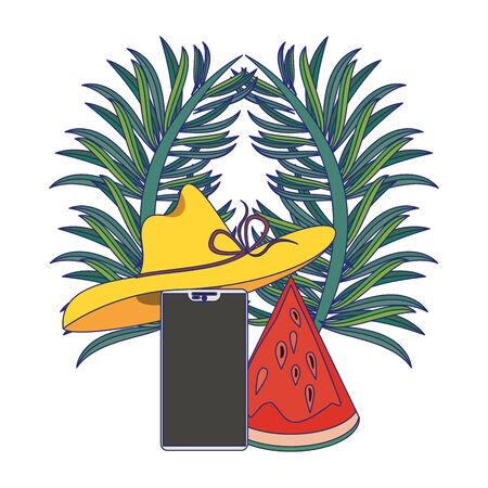 Summer smartphone with hat watermelon and leaves cartoons vector illustration graphic designのイラスト素材
