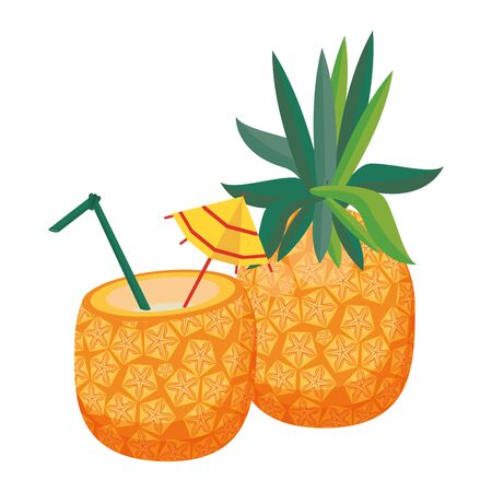 pineapple and pineapple cocktail with little umbrella and straw icon cartoon vector illustration graphic designのイラスト素材