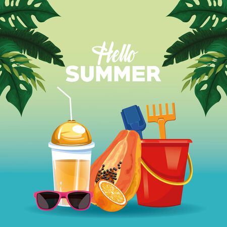 Hello summer poster card with beach and vacations cartoons on blue background with tropical leaves. vector illustration graphic designのイラスト素材