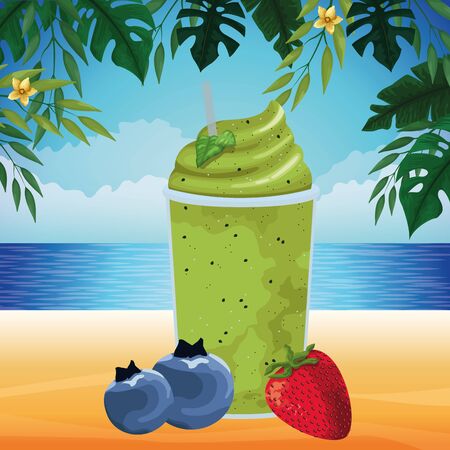 tropical fruit and smoothie drink with bluberries and strawberry icon cartoon over the beach with seascape vector illustration graphic designのイラスト素材
