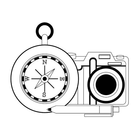 Travel vacations navigation compass camera and pen cartoons vector illustration graphic designのイラスト素材