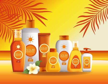 Solar protection bottles set of products for summer on beach scenery with palms leaves at sunny day, sun bronzers and cosmetics. vector illustration graphic designのイラスト素材