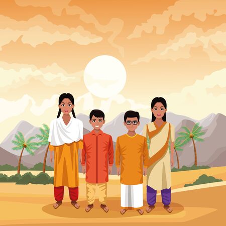 indian family ethnic of india wearing traditional hindu clothes on desertscape scenery vector illustration graphic designのイラスト素材