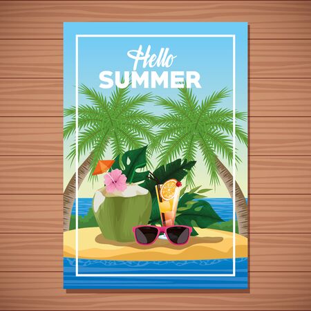 Hello summer card poster with beach cartoons on wooden background vector illustration graphic designのイラスト素材