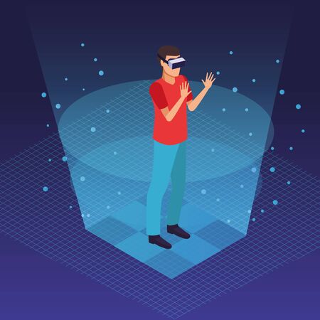 Friends playing with virtual reality glasses on blue background with game graphs vector illustration graphic designのイラスト素材