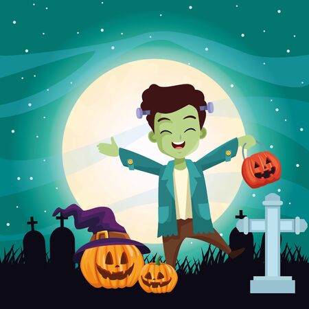 halloween dark scene with boy disguise of frankenstein vector illustration designのイラスト素材