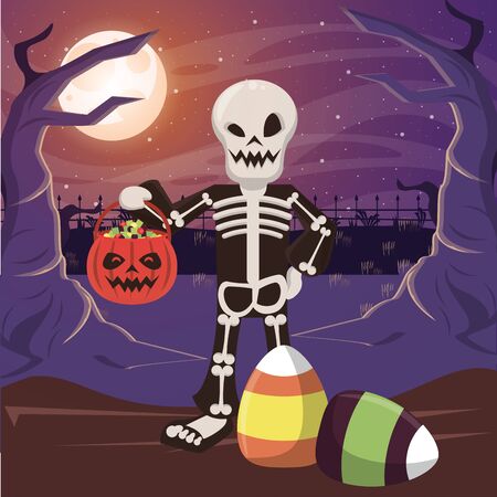 halloween dark scene with person disguised skeleton vector illustration designのイラスト素材