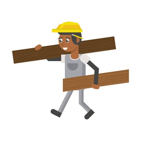 Construction worker smiling and holding planks cartoon isolatedのイラスト素材