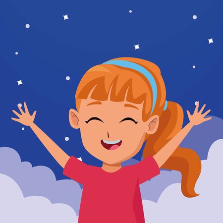 girl having fun and playing isolated on sky night with stars and clouds background ,vector illustration graphic design.のイラスト素材