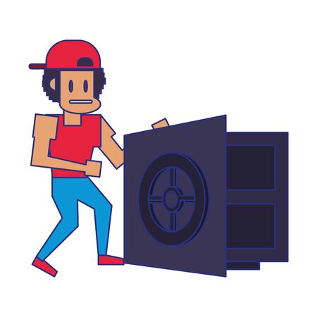 Retro videogame pixelated gangster and strongbox open cartoons isolated vector illustration graphic designのイラスト素材