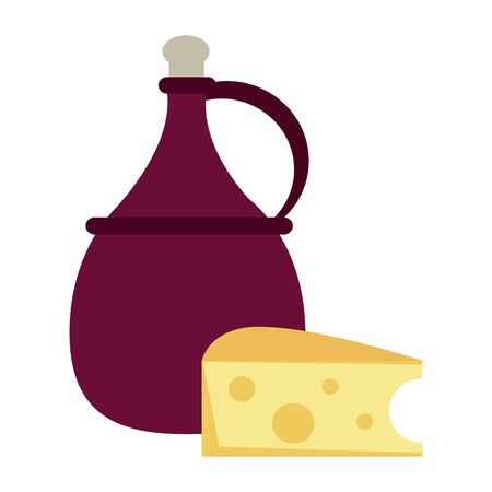 jug of wine and piece of cheese over white background, vector illustrationのイラスト素材