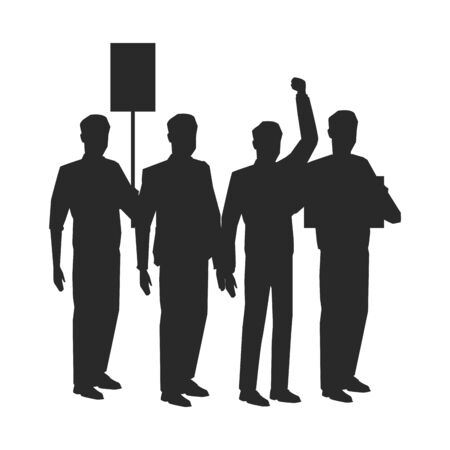 social activity and public protest group of people raising sign and fist in the air silhouette avatar cartoon character vector illustration graphic designのイラスト素材