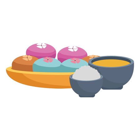 tea cup and bowl with mooncakes over white background, vector illustrationのイラスト素材