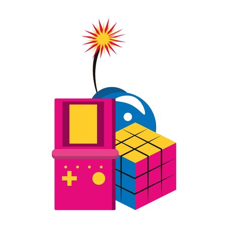 retro videogame portable with bomb and Scramble Cube toy over white background, vector illustrationのイラスト素材