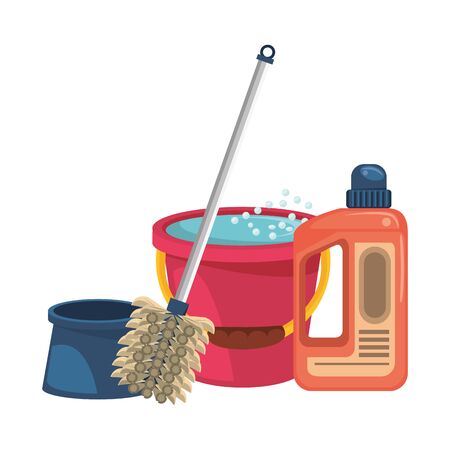 Cleaning equipment and products water in bucket with soap bottle and toilet brush vector illustration graphic design.のイラスト素材