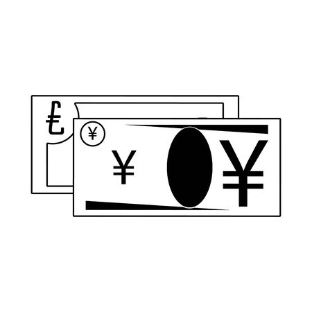 Money yen and euro cash billets isolated in black and white vector illustrationのイラスト素材