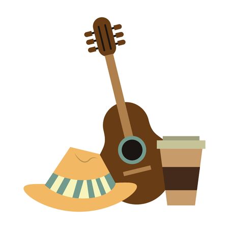 accessories for summer days symbols with hat coffee cup and acoustic guitar isolated Vector design illustrationのイラスト素材