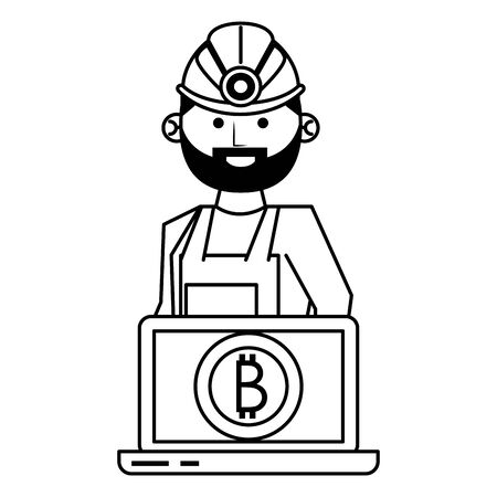 Bitcoin cryptocurrency mining from laptop with worker cartoon vector illustration graphic designのイラスト素材