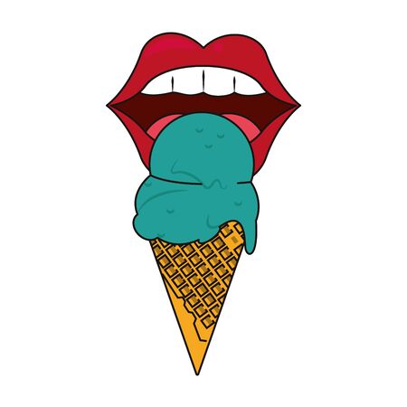female lips with ice cream cone icon over white background, vector illustrationのイラスト素材