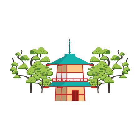 chinese house and trees around over white background, vector illustrationのイラスト素材