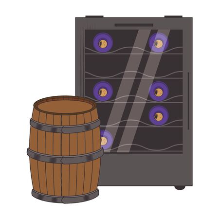 wine cooler fridge and wooden barrel icon over white background, vector illustrationのイラスト素材
