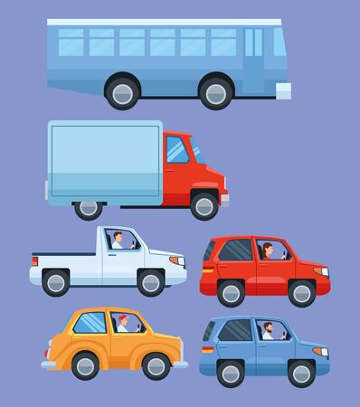 Set of vehicles , pick up suv and car with truck and public bus vector illustration graphic design.のイラスト素材