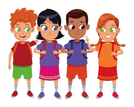childhood cute school students happy friends wearing backpack cartoon vector illustration graphic designのイラスト素材