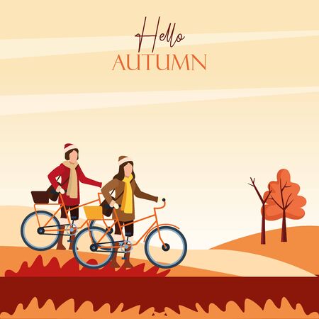 hello autumn season with girls and bicycles in the field vector illustration designのイラスト素材