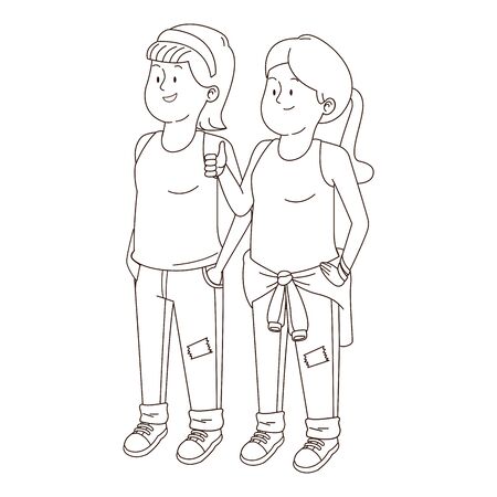 Teenagers friends smiling and greeting with cool clothes and accesories vector illustration graphic designのイラスト素材